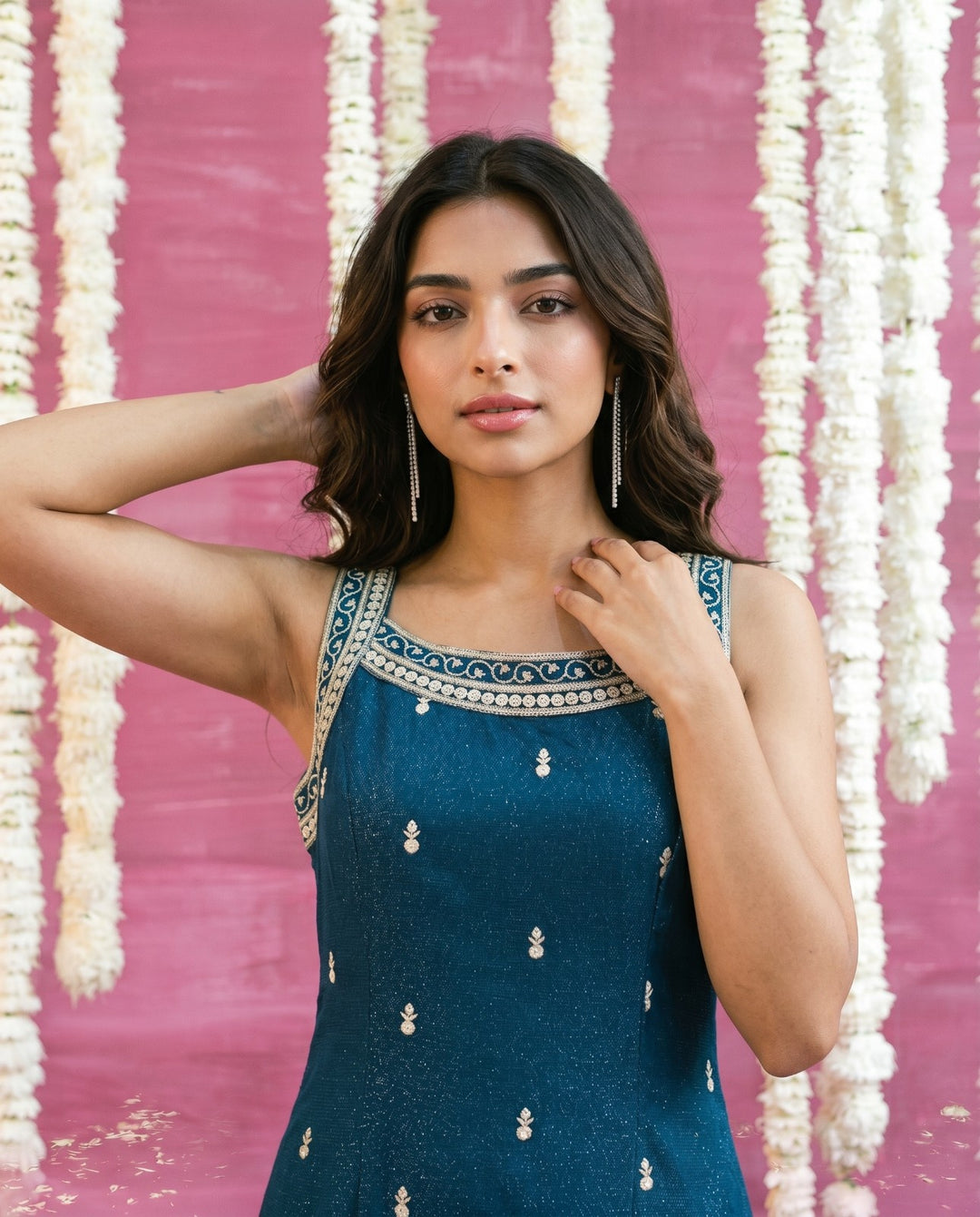 Teal Blue Embroidered Viscose Blended Sleeveless Straight cut Long Kurta