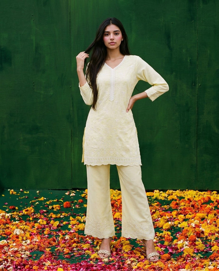Yellow Embriodered Cotton Satin Co-Ord Set