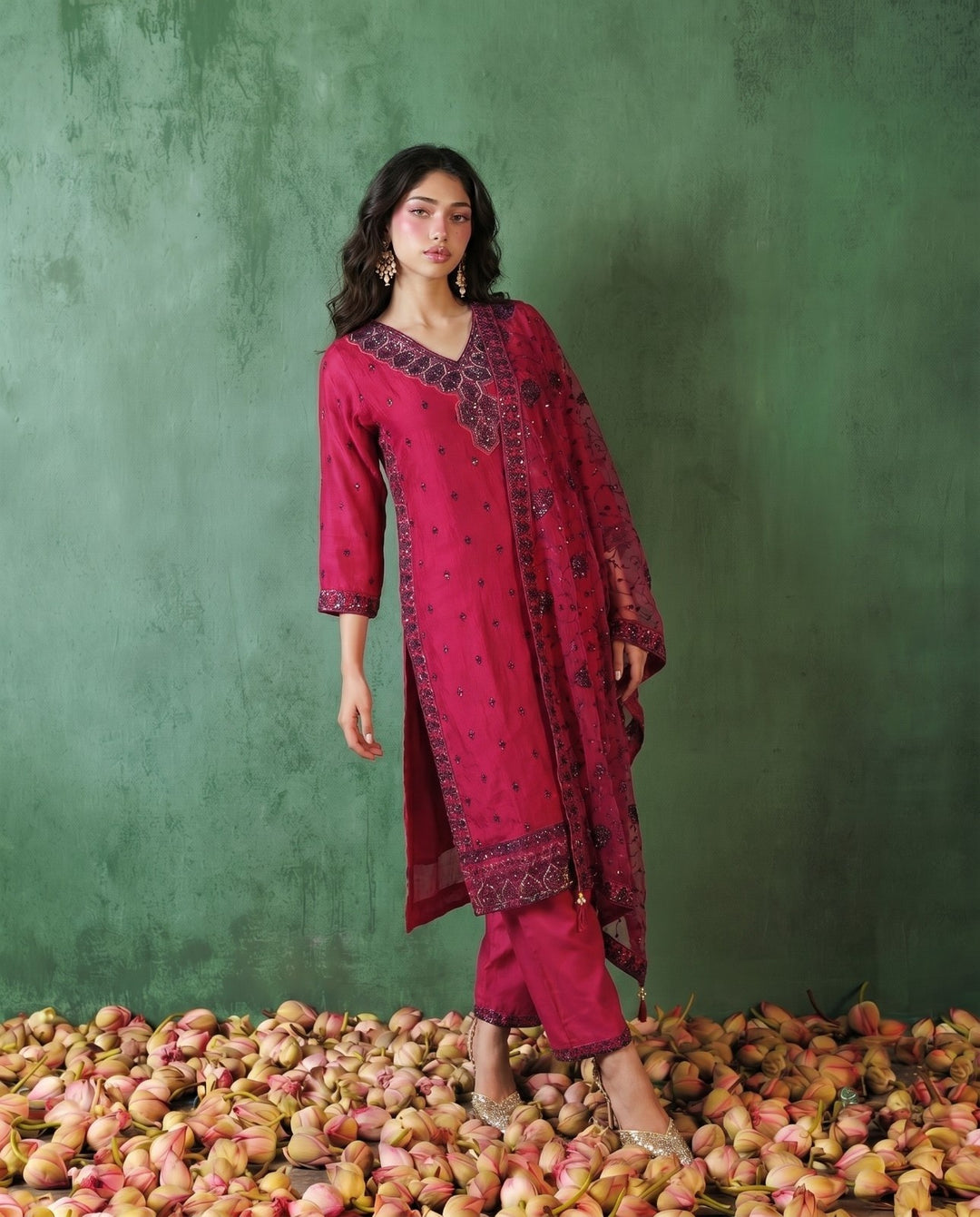 Magenta Embriodered Silk Blended Kurta Bottom Dupatta Set