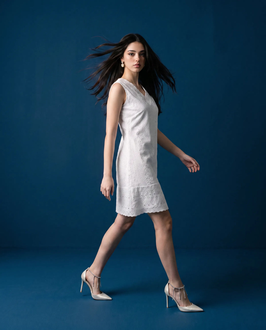 White Embroidered Cotton Midi Dress