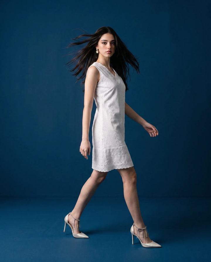 White Embroidered Cotton Midi Dress