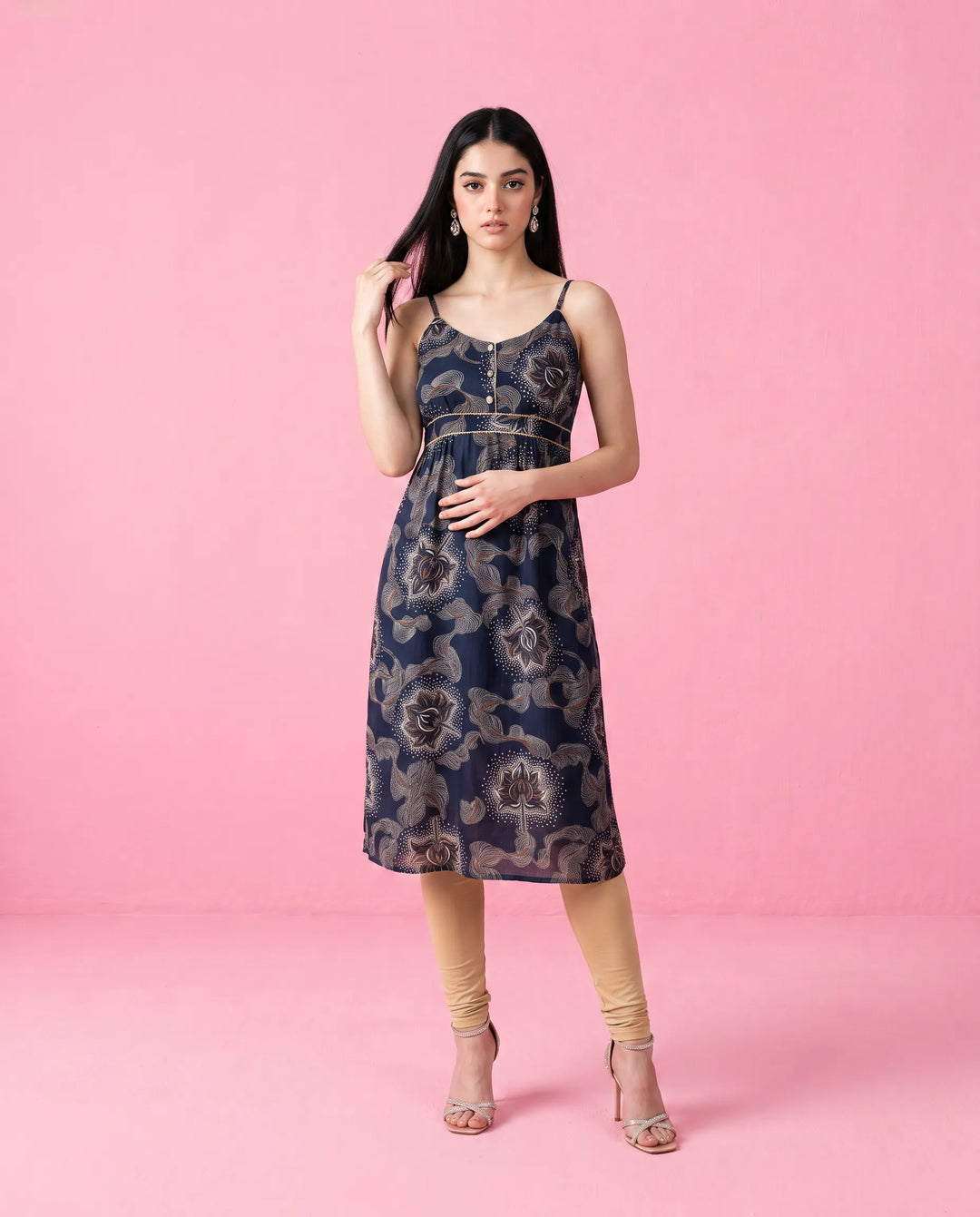 Navy Printed Viscose Blended Spaghetti Strap Straight Cut Long Kurta