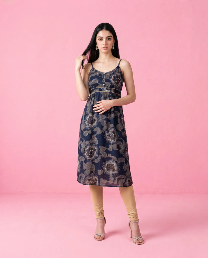 Navy Printed Viscose Blended Spaghetti Strap Straight Cut Long Kurta