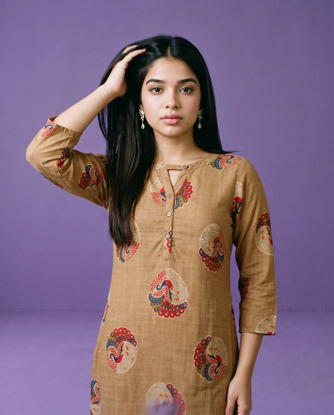 Brown Printed Rayon Straight cut Long Kurta