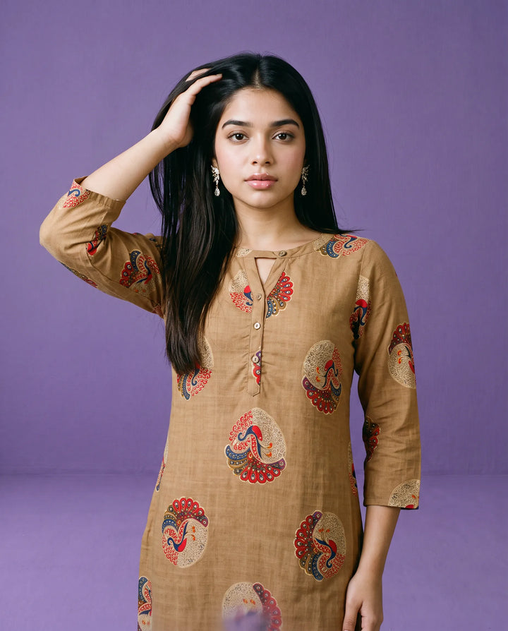Brown Printed Rayon Straight cut Long Kurta