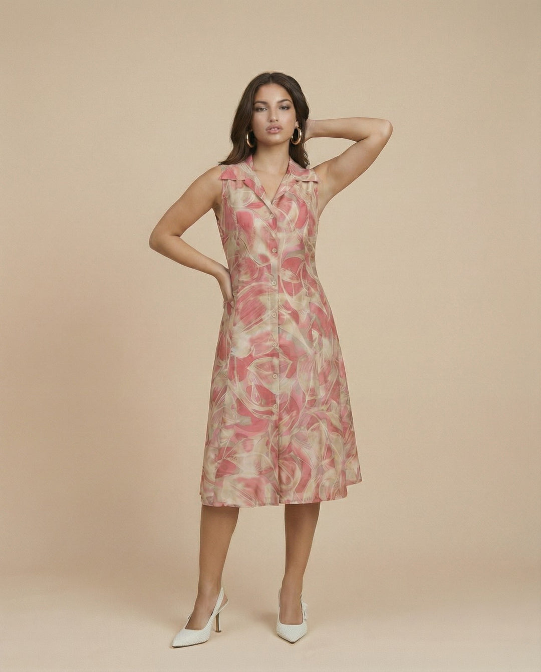 Peach Printed Viscose Blended Midi Dress