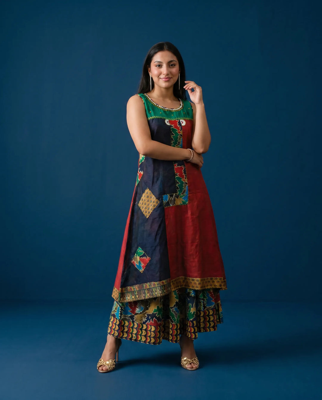Navy Printed Viscose Blended Sleeveless Maxi Dress
