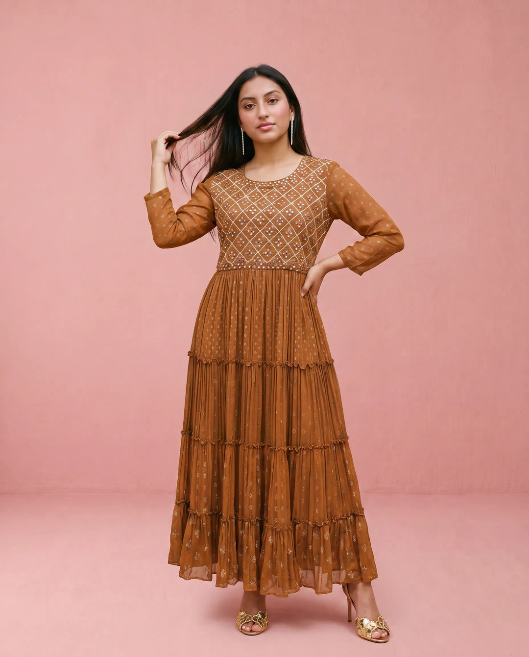 Brown Embriodered Georgette Maxi Dress