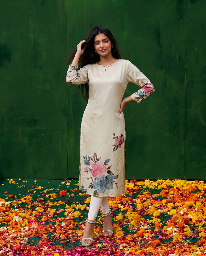 Multi Colour Printed Crepe Silk Straight cut Long Kurta