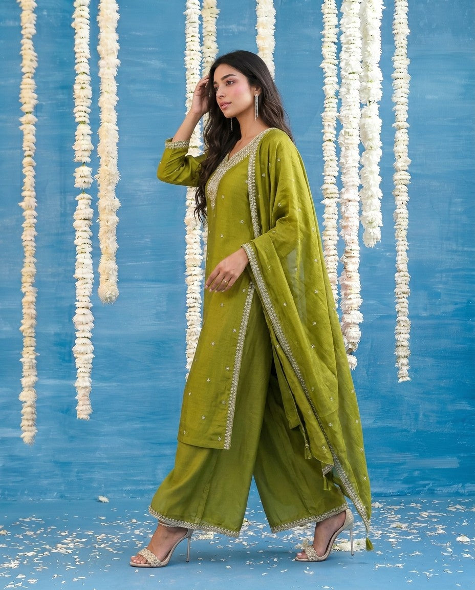 Olive Embriodered Silk Blended Kurta Bottom Dupatta Set