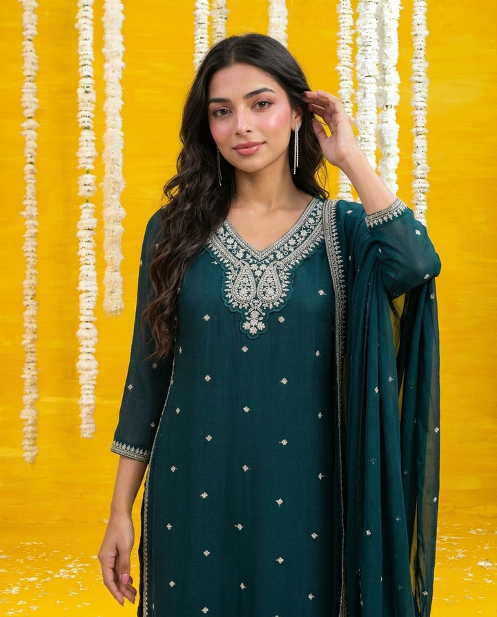 Bottle Green Embriodered Silk Blended Kurta Bottom Dupatta Set