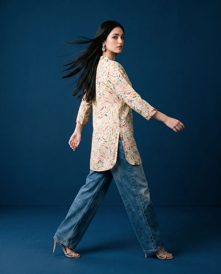 White Printed Viscose BlendedShort Kurti