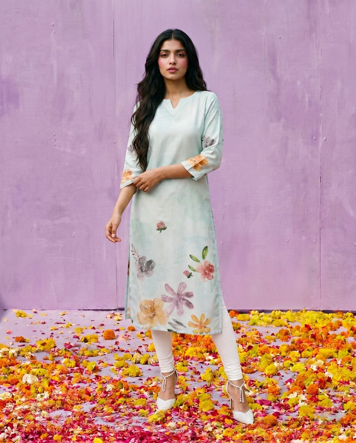 Sea Green Printed Crepe Silk Straight cut Long Kurta