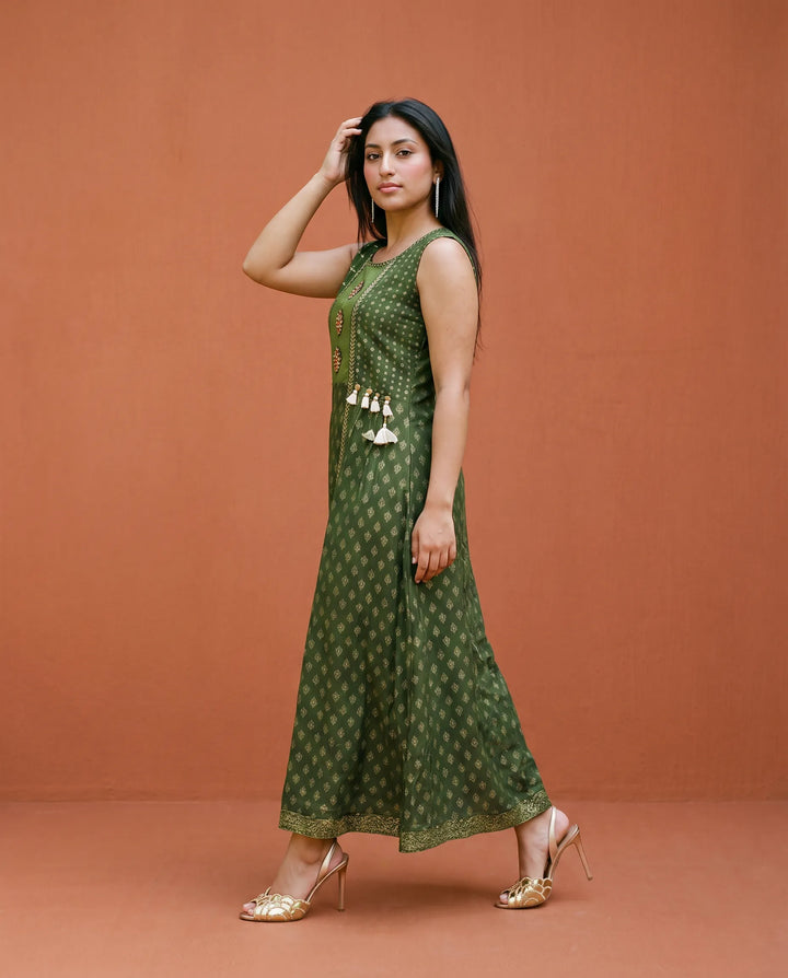 Green Printed Rayon Sleeveless Maxi Dress