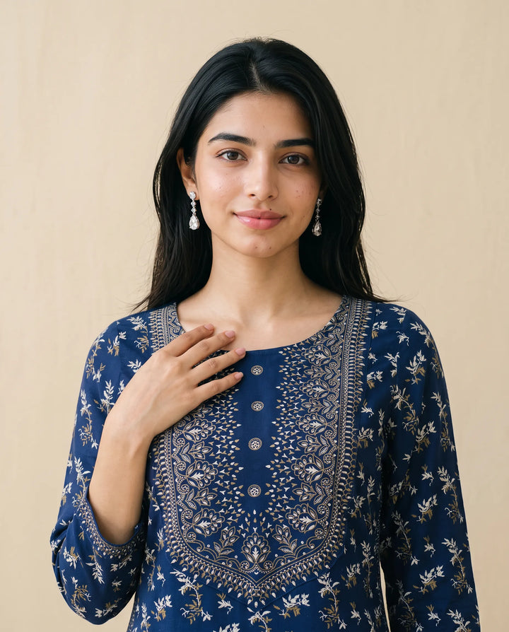Navy Printed Cotton Straight Cut Long Kurta