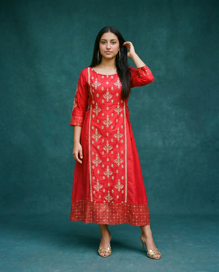 Red Embriodered Silk Blended Maxi Dress