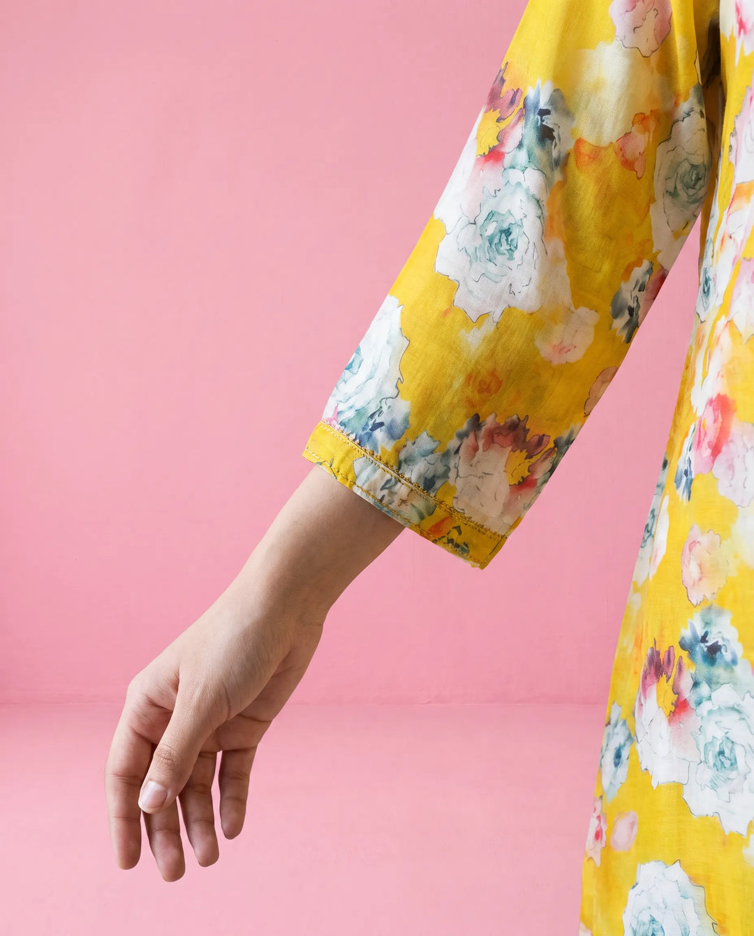 Yellow Printed Crepe Silk Short Kurti