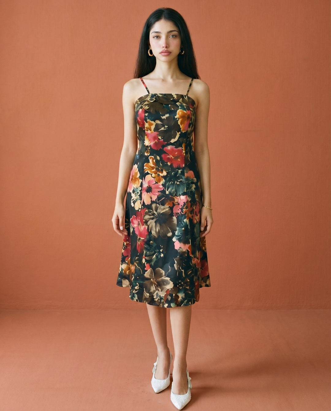 Black Printed Silk Blended Midi Dress