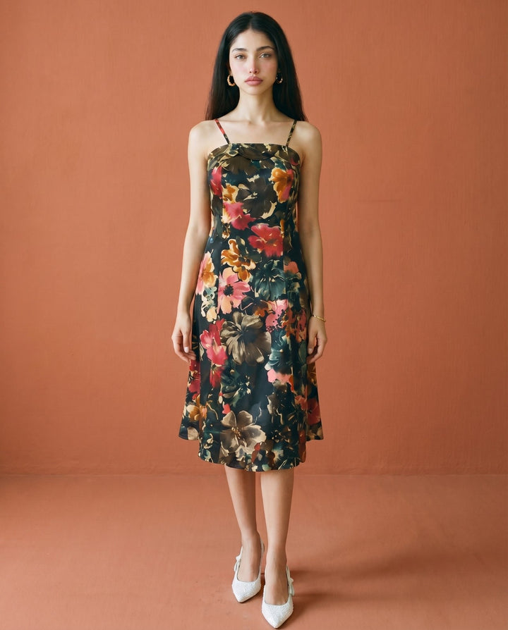 Black Printed Silk Blended Midi Dress