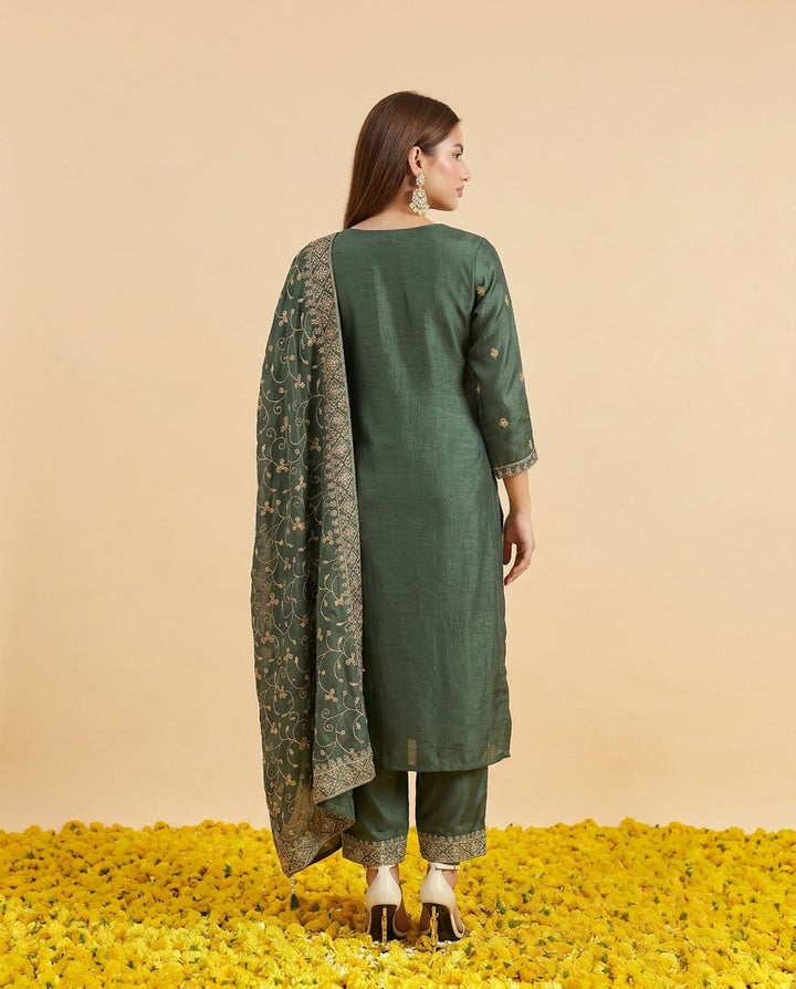 Pista Embriodered Silk Blended Kurta Bottom Dupatta Set