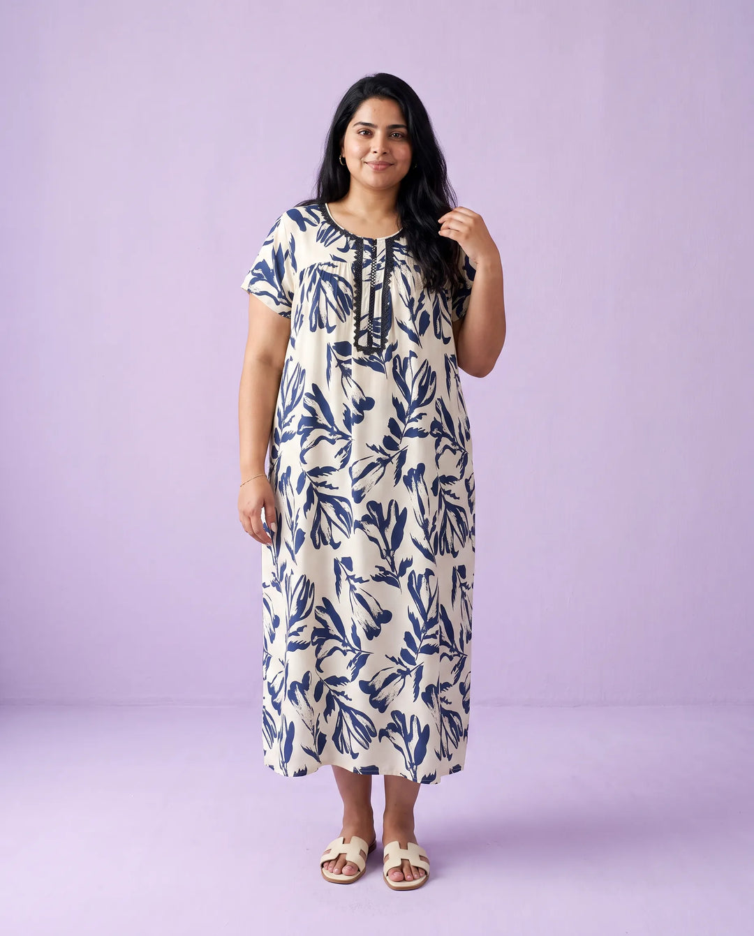 Navy Printed Super Soft Rayon Night Dress / Home Wear