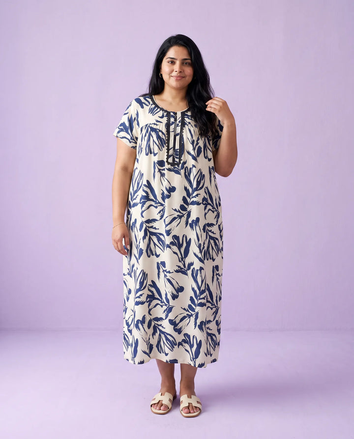 Navy Printed Super Soft Rayon Night Dress / Home Wear