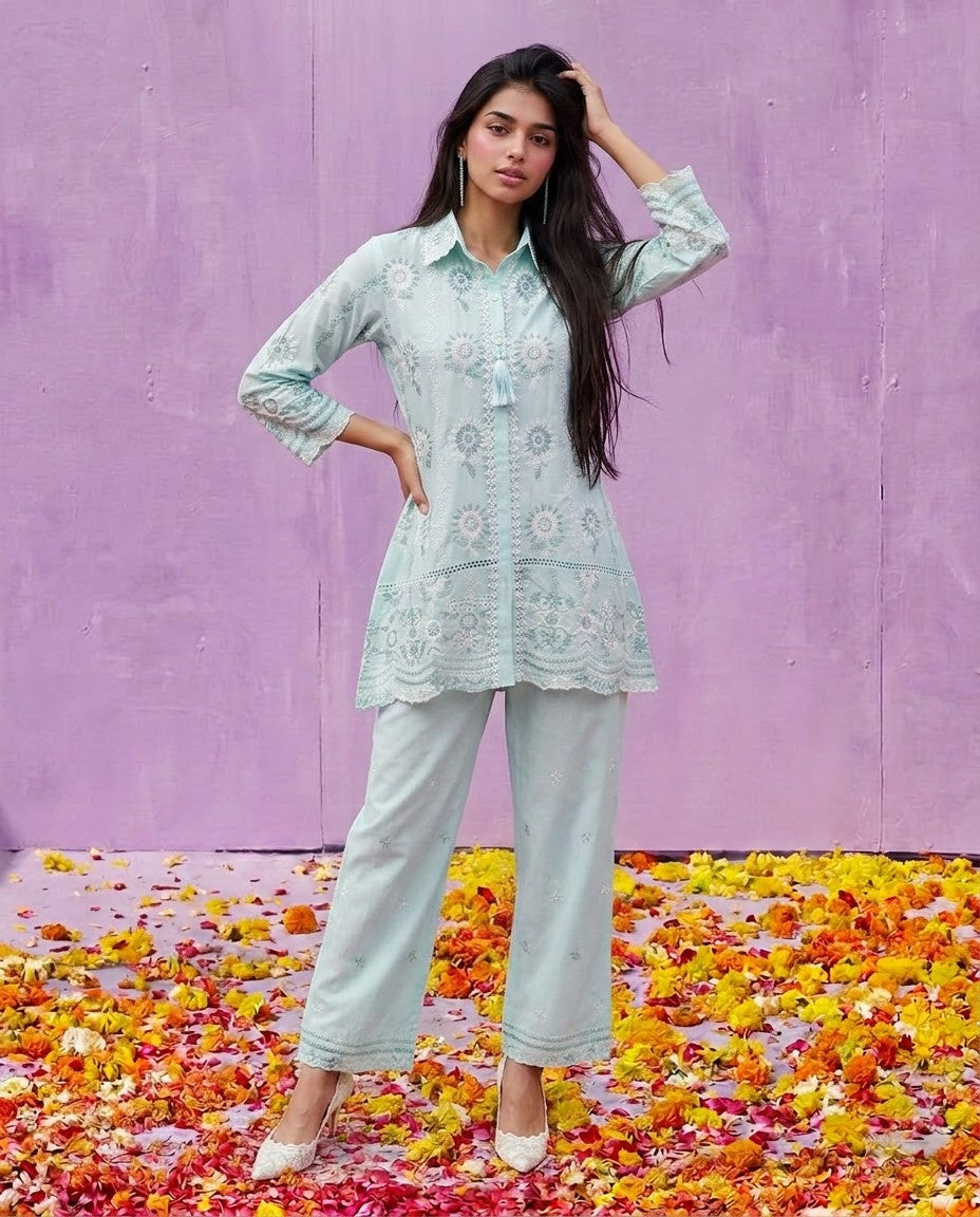 Sea Green Embroidered Cotton Satin Co-Ord Set