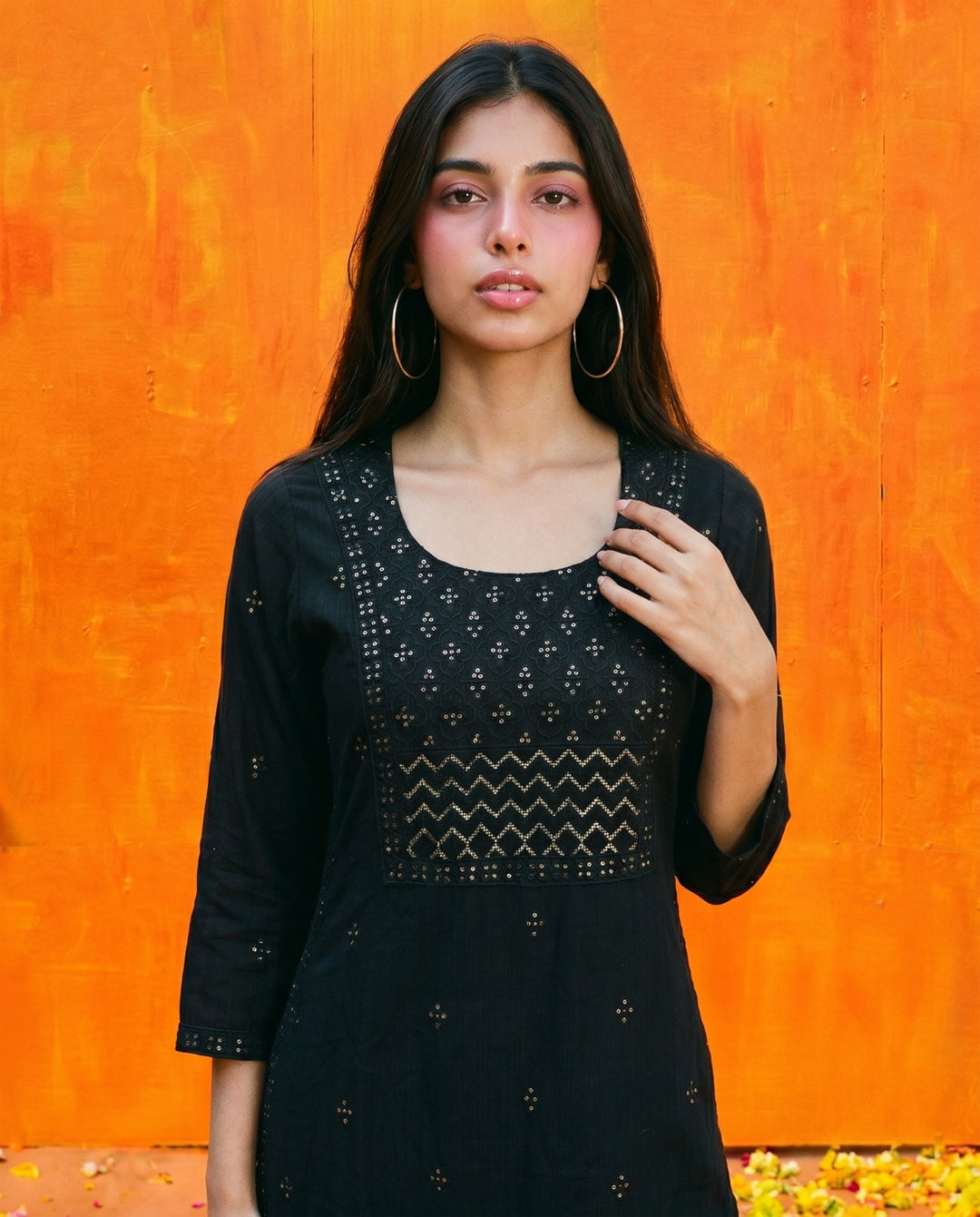 Black Embroidered Viscose Blended Straight cut Long Kurta