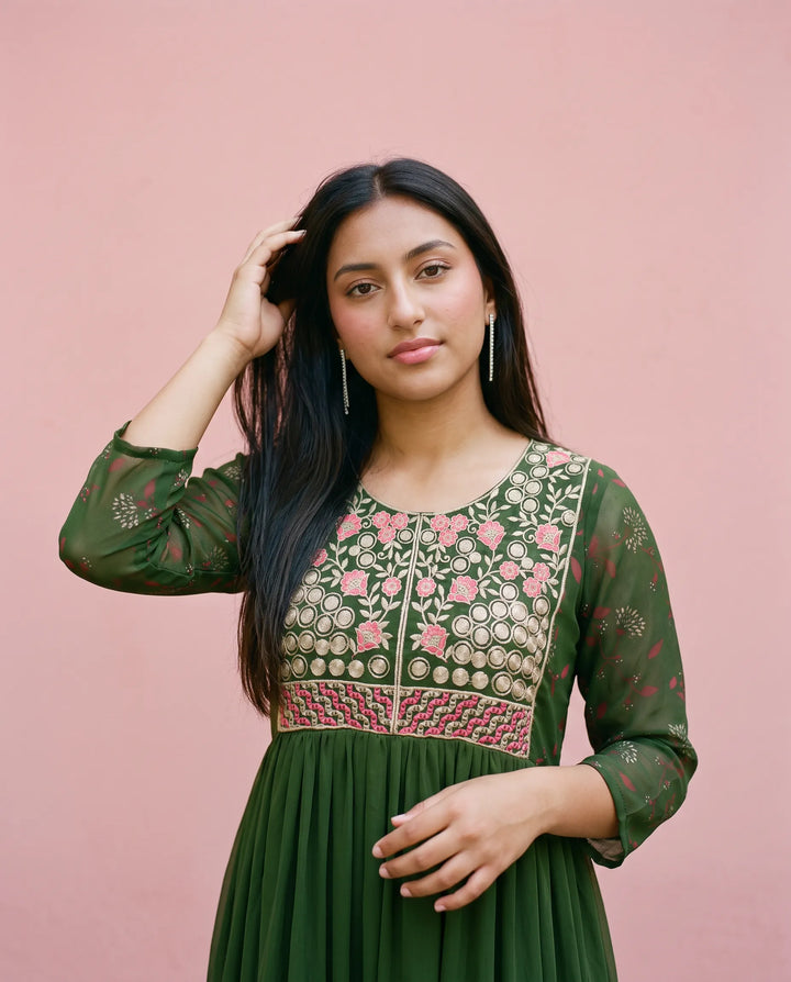 Green Embriodered Georgette Maxi Dress