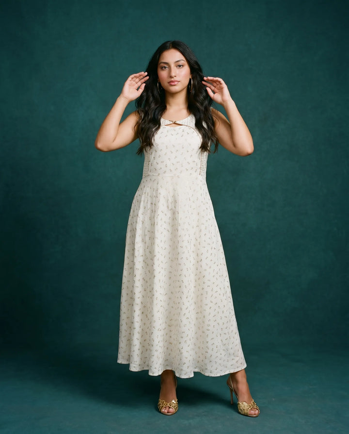 White Printed Rayon Sleeveless Maxi Dress