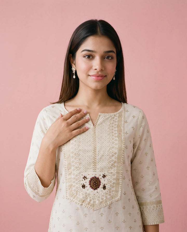 White Printed Cotton Straight cut Long Kurta