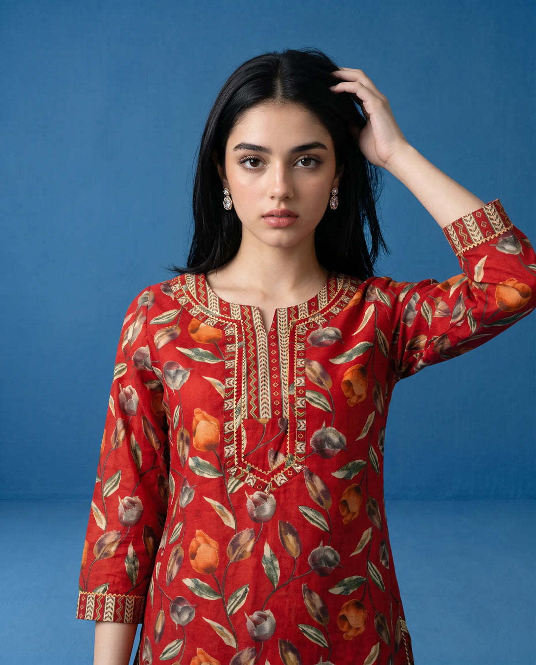 Red Printed Viscose Blended Short Kurti