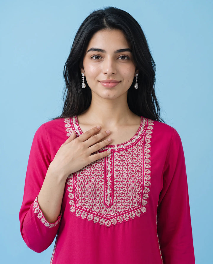Pink Embroidered Rayon Straight cut Long Kurta
