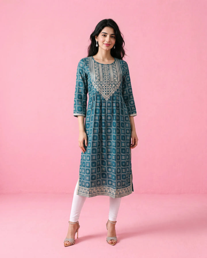 Teal Blue Embroidered Viscose Blended Straight Cut Long Kurta