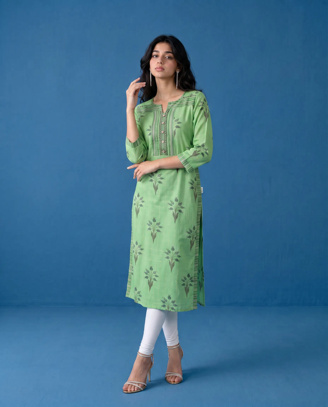 Green Printed Cotton Straight cut Long Kurta