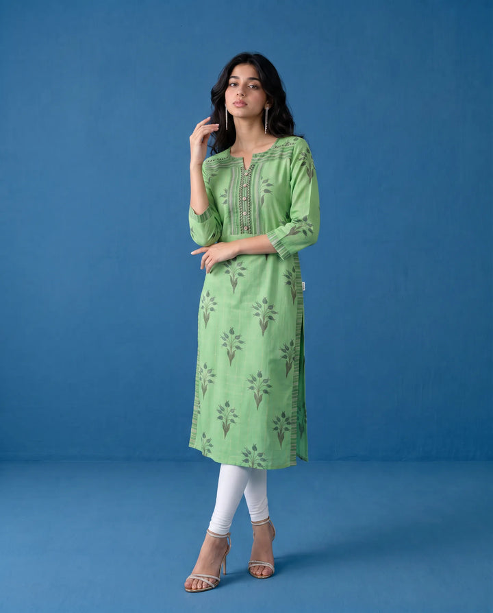 Green Printed Cotton Straight cut Long Kurta