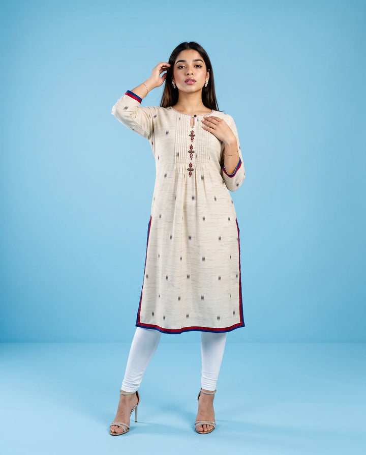 Beige Printed Cotton Blended Straight cut Long Kurta