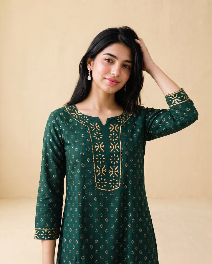 Green Printed Cotton Long Kurta