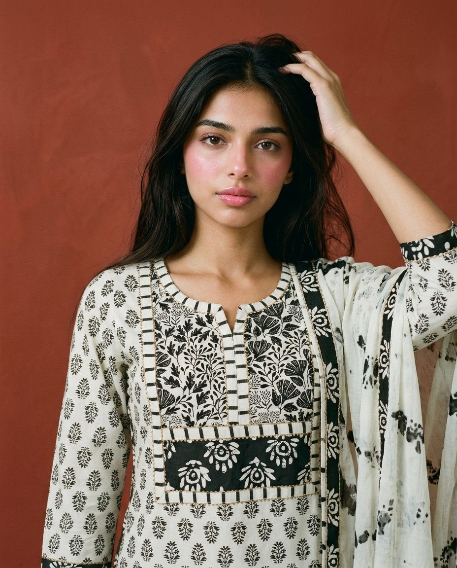 White Printed Cotton Kurta Bottom Dupatta Set