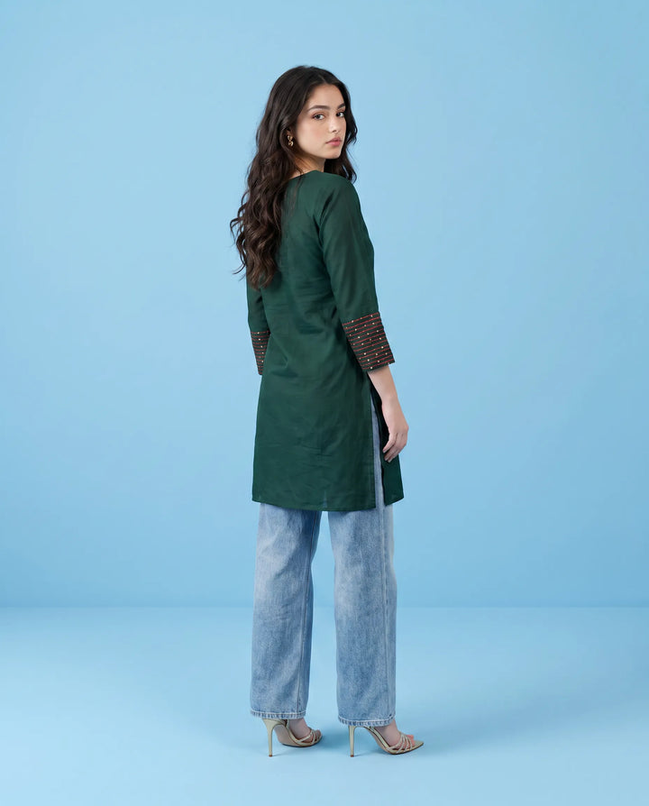 Green Embroidered Cotton Short Kurti