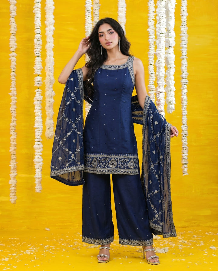 Navy Embriodered Silk Blended Sleeveless Kurta Bottom Dupatta Set