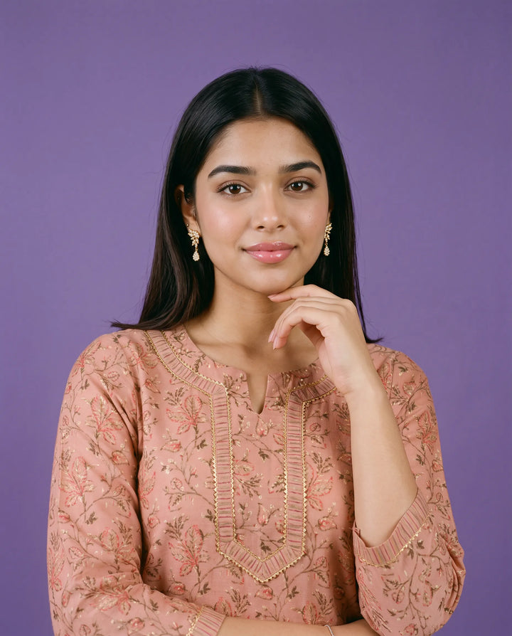 Peach Printed Viscose Blended Straight cut Long Kurta