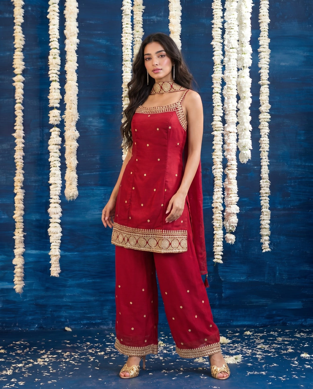 Red Embriodered Silk Blended Spaghetti Strap Kurta Bottom Dupatta Set