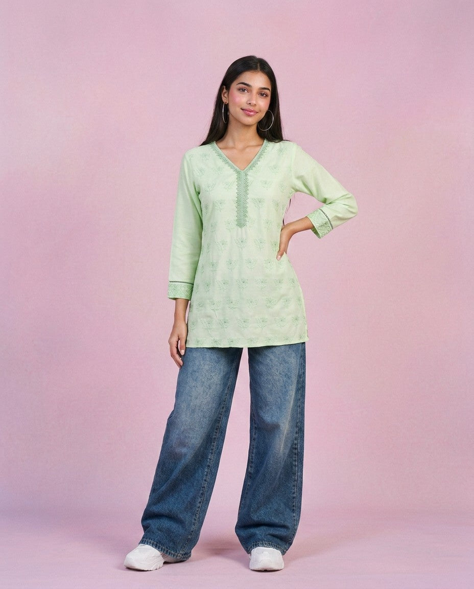Lime Green Embriodered Cotton Short Kurti