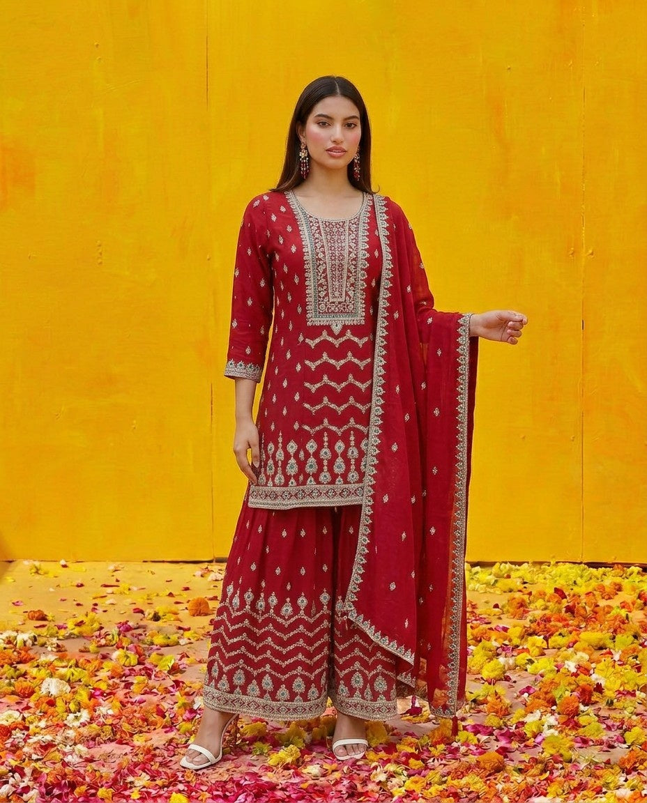 Maroon Embroidered Silk Blended Kurta Bottom Dupatta Set