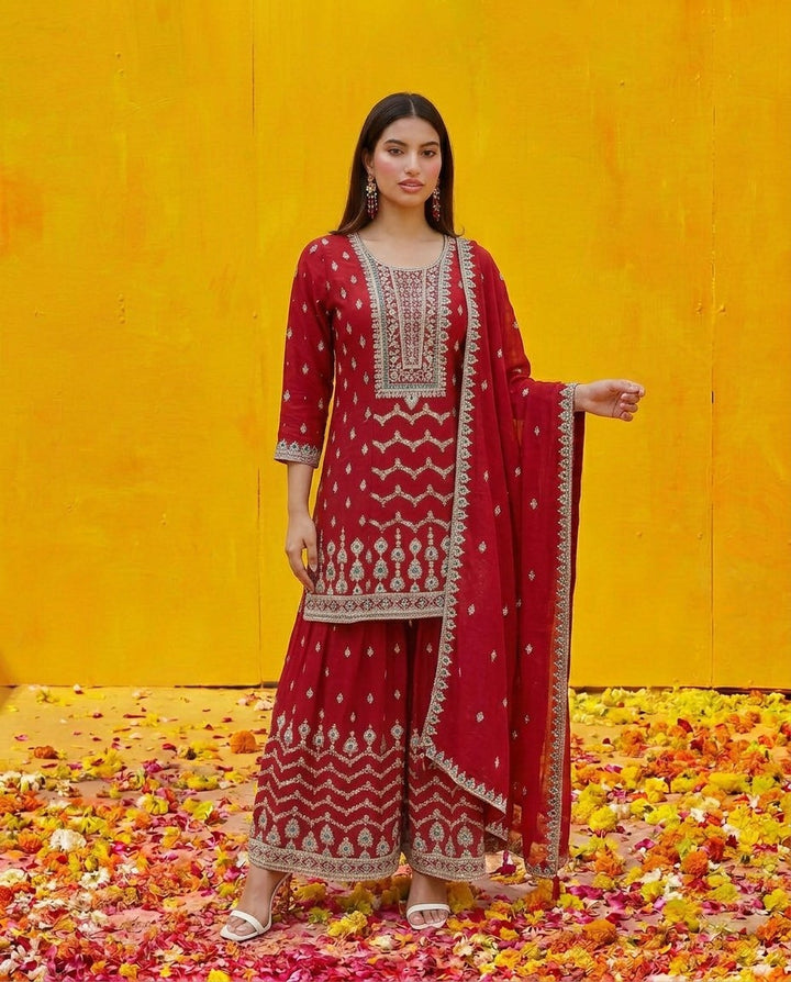 Maroon Embroidered Silk Blended Kurta Bottom Dupatta Set