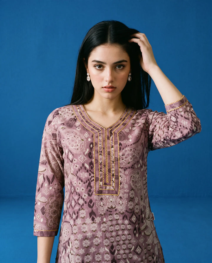 Purple Printed Cotton Short Kurti