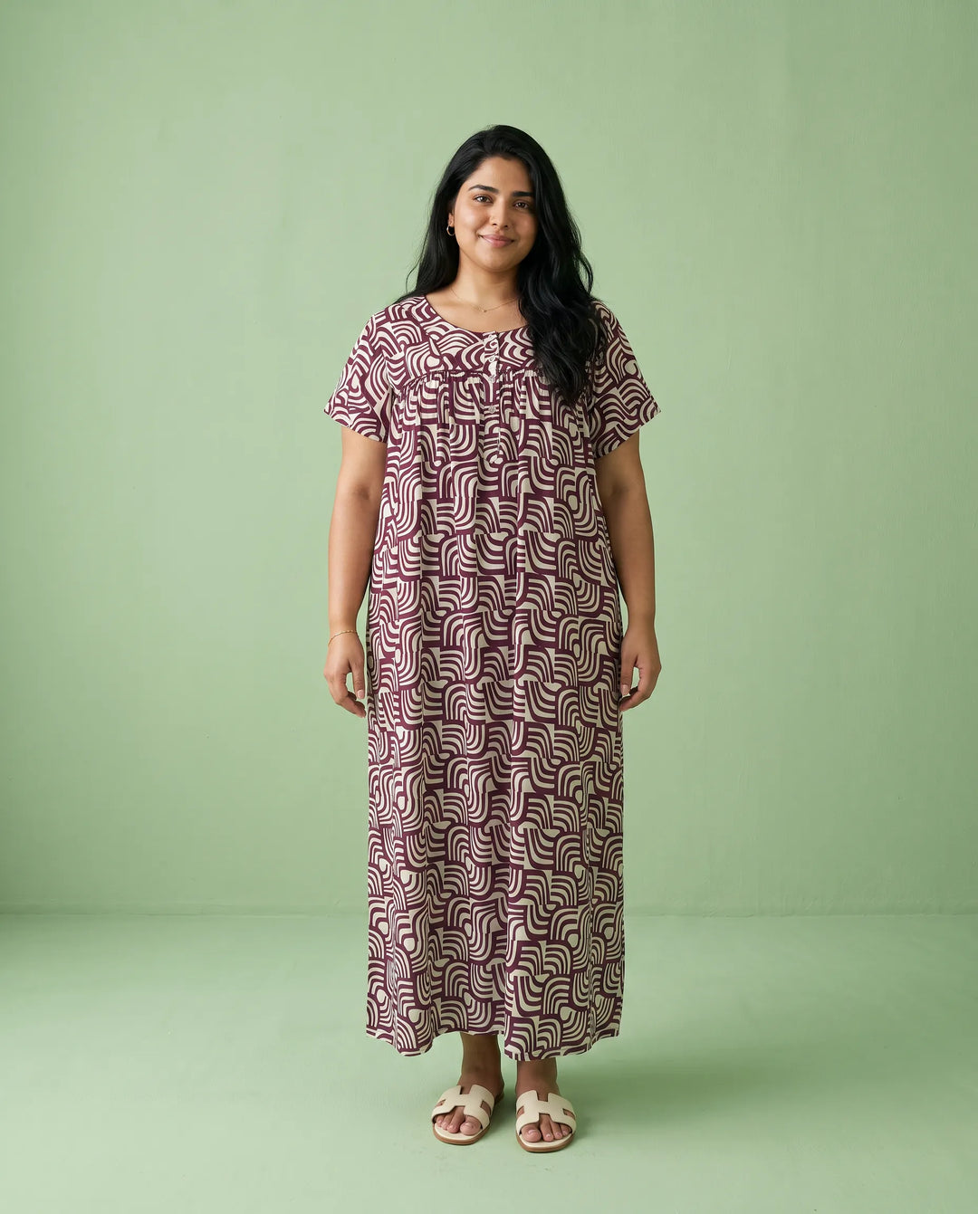 Maroon Printed Super Soft Rayon Night Dress / Home Wear
