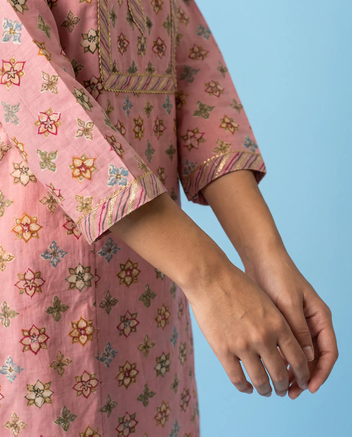 Pink Printed Viscose Blended Straight cut Long Kurta