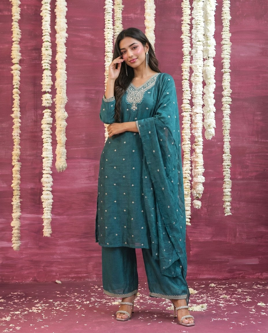 Bottle Green Embriodered Silk Blended Kurta Bottom Dupatta Set